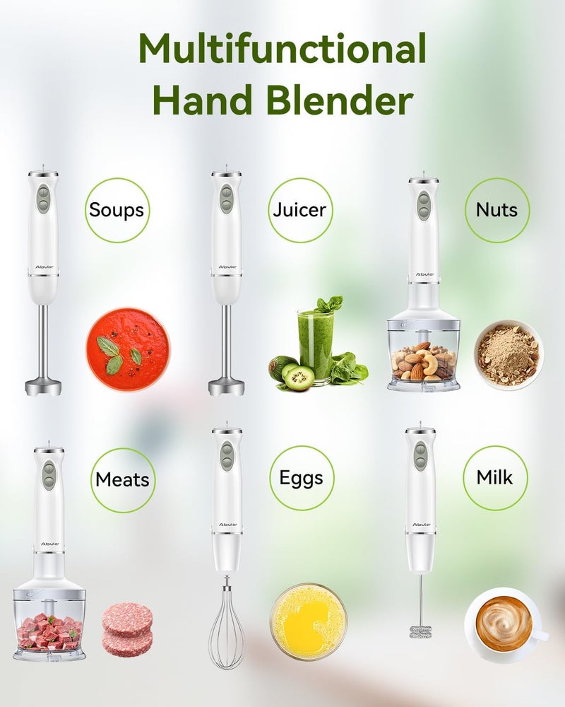Abuler Immersion Blender Handheld 5 in 1 Hand Blender, 1000W Hand Mixer Stick, BPA-Free 12 Speed Handheld Blender with Mixing Beaker, Chopper, Whisk and Milk Frother for Soup, Sauce, Baby Food (White) - Image 5